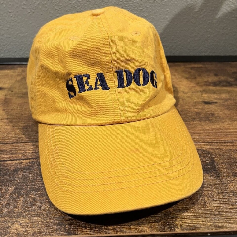 Sea Dog Brewing Hat Cap Mens Blue/Yellow Adjustable Back Tapped & Drank Is Mass.